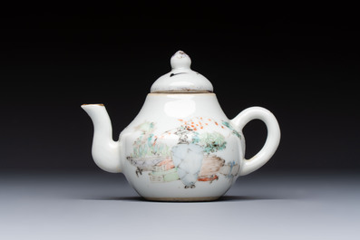 Two Chinese famille rose covered teapots and a qianjiang cai covered teapot, signed Wang Shaowei 王少維, 19th C.