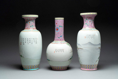 Three Chinese famille rose vases with elegant beauties and horses, Qianlong marks, 20th C.