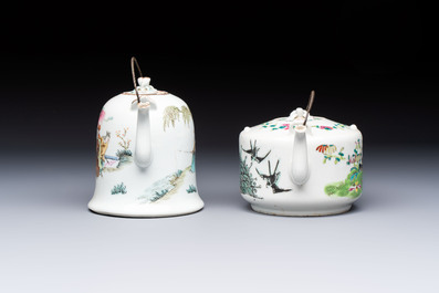 Two Chinese famille rose covered teapots and a qianjiang cai covered teapot, signed Wang Shaowei 王少維, 19th C.