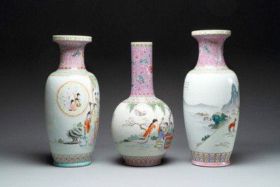 Three Chinese famille rose vases with elegant beauties and horses, Qianlong marks, 20th C.