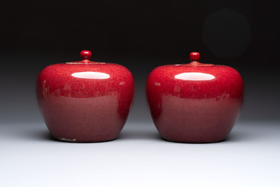 A pair of Chinese flamb&eacute;-glazed jars and covers, 19th C.