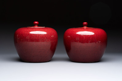A pair of Chinese flamb&eacute;-glazed jars and covers, 19th C.