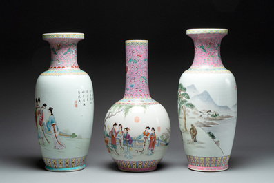 Three Chinese famille rose vases with elegant beauties and horses, Qianlong marks, 20th C.