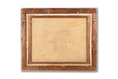 Canton school: 'A British Merchant Vessel at Sea', oil on canvas in original Chippendale-style frame, 1st half 19th C.