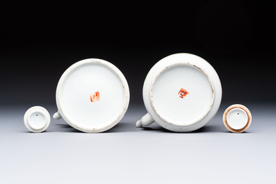 Two Chinese famille rose covered teapots and a qianjiang cai covered teapot, signed Wang Shaowei 王少維, 19th C.