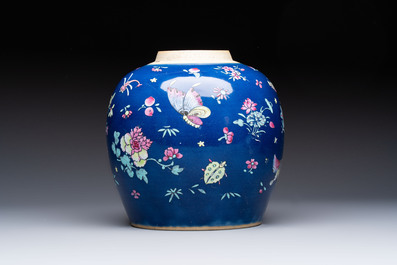 A pair of Chinese gilt-decorated powder-blue-ground covered jars and a famille rose powder-blue-ground jar, 18/19th C.