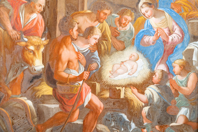 Italian school: 'A Nativity Scene', reverse glass painting, 18th C.