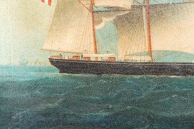 Canton school: 'A British Merchant Vessel at Sea', oil on canvas in original Chippendale-style frame, 1st half 19th C.
