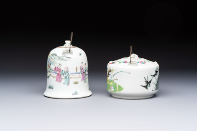 Two Chinese famille rose covered teapots and a qianjiang cai covered teapot, signed Wang Shaowei 王少維, 19th C.