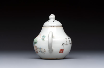 Two Chinese famille rose covered teapots and a qianjiang cai covered teapot, signed Wang Shaowei 王少維, 19th C.