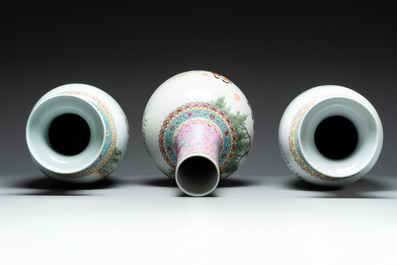 Three Chinese famille rose vases with elegant beauties and horses, Qianlong marks, 20th C.