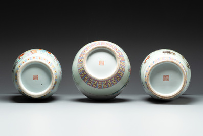 Three Chinese famille rose vases with elegant beauties and horses, Qianlong marks, 20th C.