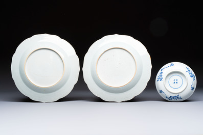 A varied collection of nine Chinese blue, white and famille rose wares, Kangxi and later