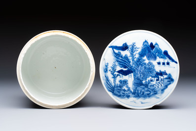 A Chinese blue and white square bitong, a 'Dragon' censer, a covered box, a vase and a paperweight, Guangxu mark, 18/19th C.