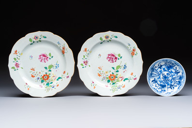 A varied collection of nine Chinese blue, white and famille rose wares, Kangxi and later
