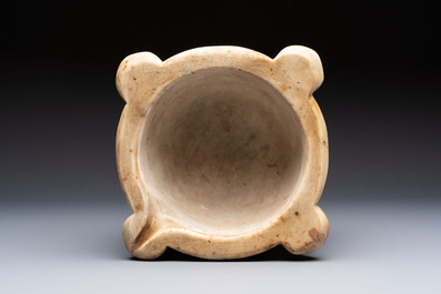 A large Italian carved marble 'Memento Mori' apothecary mortar, 17th C.