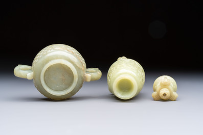 A Chinese celadon jade covered vase, with wooden stand, and a bowl with wooden cover and stand, 19/20th C.
