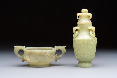 A Chinese celadon jade covered vase, with wooden stand, and a bowl with wooden cover and stand, 19/20th C.