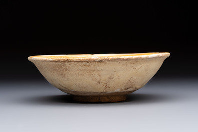 A Chinese Cizhou iron-red-decorated yellow-ground 'Poem' bowl with a wooden box, Jin