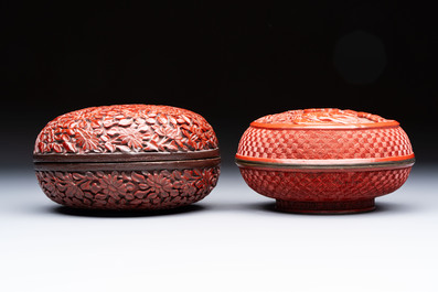 Two Chinese cinnabar lacquer covered boxes and a bottle vase, 19th C.