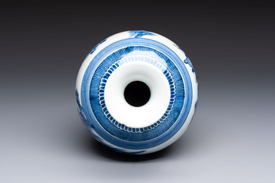 A fine Japanese Arita blue and white vase or sake bottle with landscape design, Edo, ca. 1680