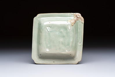 A fine Korean celadon square dish with incised floral design, Goryeo, 12th C.