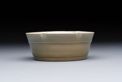 A Chinese Longquan celadon flower-shaped brush washer with a wooden box, Southern Song