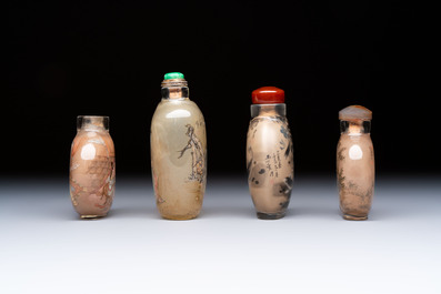 Four Chinese inside glass painted snuff bottles, 20th C.