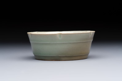 A Chinese Longquan celadon flower-shaped brush washer with a wooden box, Southern Song