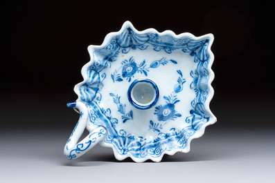 A blue and white Dutch Delft leaf-shaped chamberstick, 18th C.