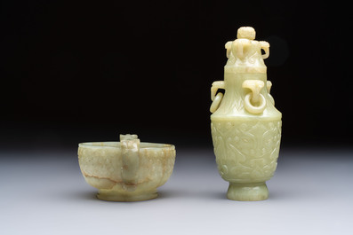 A Chinese celadon jade covered vase, with wooden stand, and a bowl with wooden cover and stand, 19/20th C.