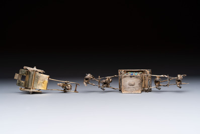 A Chinese enamelled silver model of four bearers and a silver model of a bearer, Guang Sheng Yuan 廣生源 and Yan Ji 衍記 mark, 19th C.