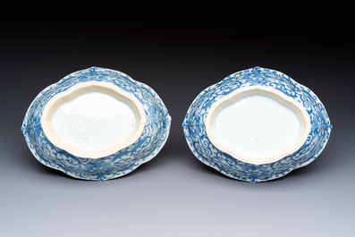 Four Chinese blue, white and famille rose tazzas and a covered spice bowl with bats design, 19th C.