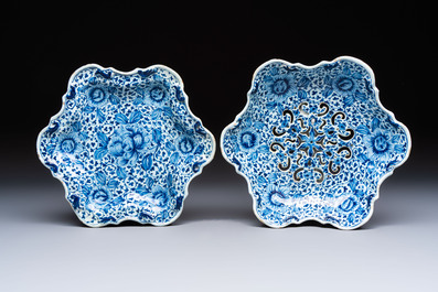 A fine blue and white Dutch Delft strawberry strainer and stand, 18th C.