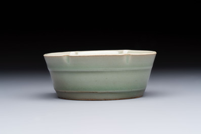 A Chinese Longquan celadon flower-shaped brush washer with a wooden box, Southern Song