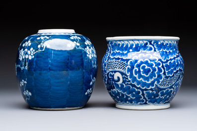 A Chinese blue and white square bitong, a 'Dragon' censer, a covered box, a vase and a paperweight, Guangxu mark, 18/19th C.