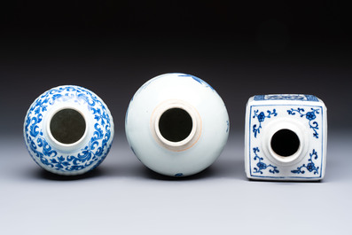 Three Chinese blue and white tea caddies, Chenghua mark, Shunzhi and later