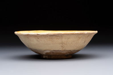 A Chinese Cizhou iron-red-decorated yellow-ground 'Poem' bowl with a wooden box, Jin