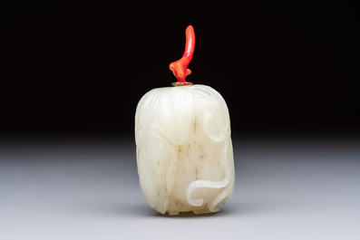 A Chinese carved jade melon-form snuff bottle with a red coral stopper, 1820-1880