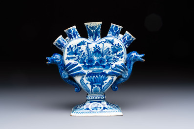 A blue and white Dutch Delft heart-shaped tulip vase, early 18th C.