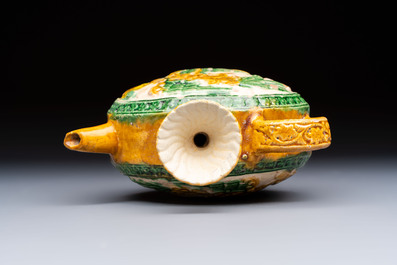 A rare Chinese sancai 'Phoenix' ewer with a wooden box, Liao