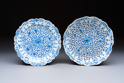 A blue and white Dutch Delft Kangxi-style strawberry strainer and stand, 18th C.