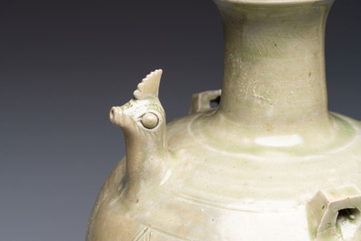 A fine Chinese Yueyao green-glazed chicken-head ewer with dragon-form handle, Southern Dynasties