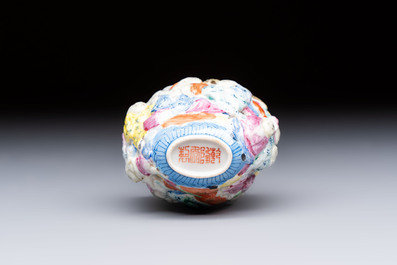 A Chinese famille rose moulded, reticulated and double-walled '18 Luohan' snuff bottle, Qianlong mark, 19th C.