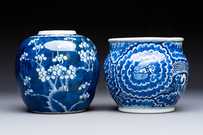A Chinese blue and white square bitong, a 'Dragon' censer, a covered box, a vase and a paperweight, Guangxu mark, 18/19th C.