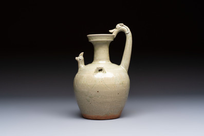 A fine Chinese Yueyao green-glazed chicken-head ewer with dragon-form handle, Southern Dynasties