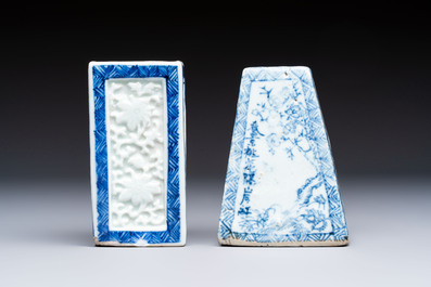A Chinese blue and white square bitong, a 'Dragon' censer, a covered box, a vase and a paperweight, Guangxu mark, 18/19th C.