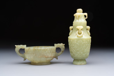 A Chinese celadon jade covered vase, with wooden stand, and a bowl with wooden cover and stand, 19/20th C.