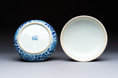 Four Chinese blue, white and famille rose tazzas and a covered spice bowl with bats design, 19th C.