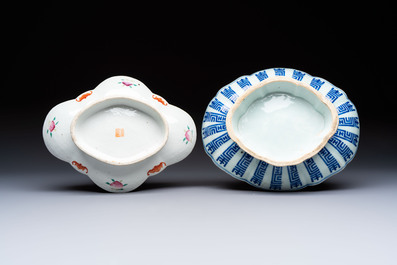 Four Chinese blue, white and famille rose tazzas and a covered spice bowl with bats design, 19th C.